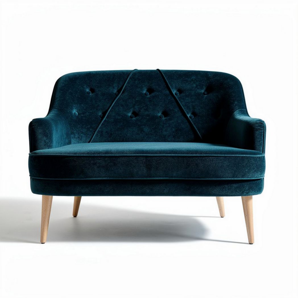 Canapé en velours bleu canard avec pieds en bois 150 x 80 x 75cm