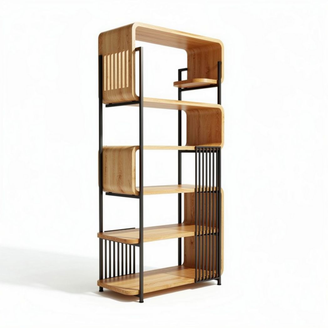 Étagère en bois de bambou avec structure en métal noir pour rangement 150 x 40 x 180cm