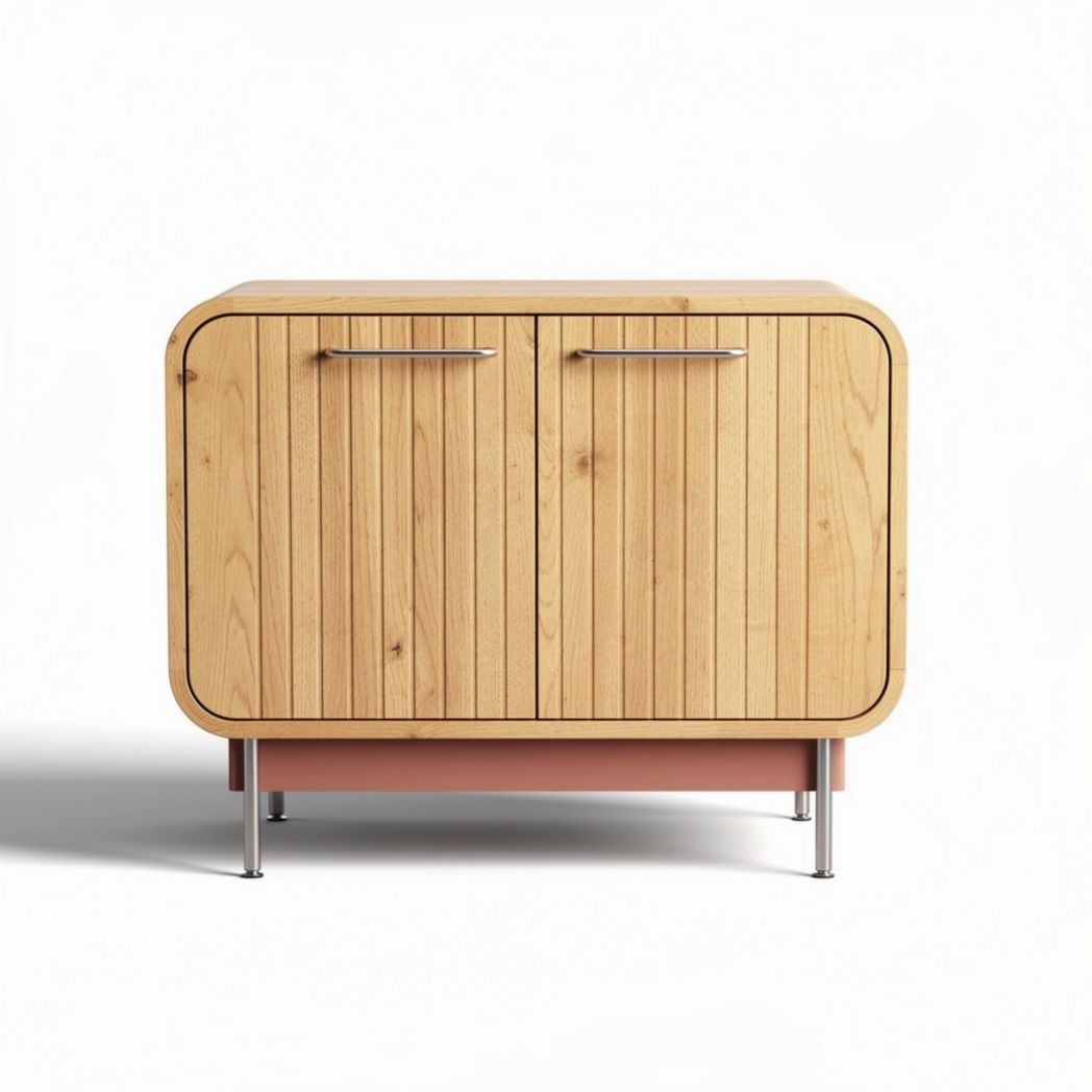 Buffet en bois clair avec portes battantes et pieds en métal rose 60 x 40 x 50cm