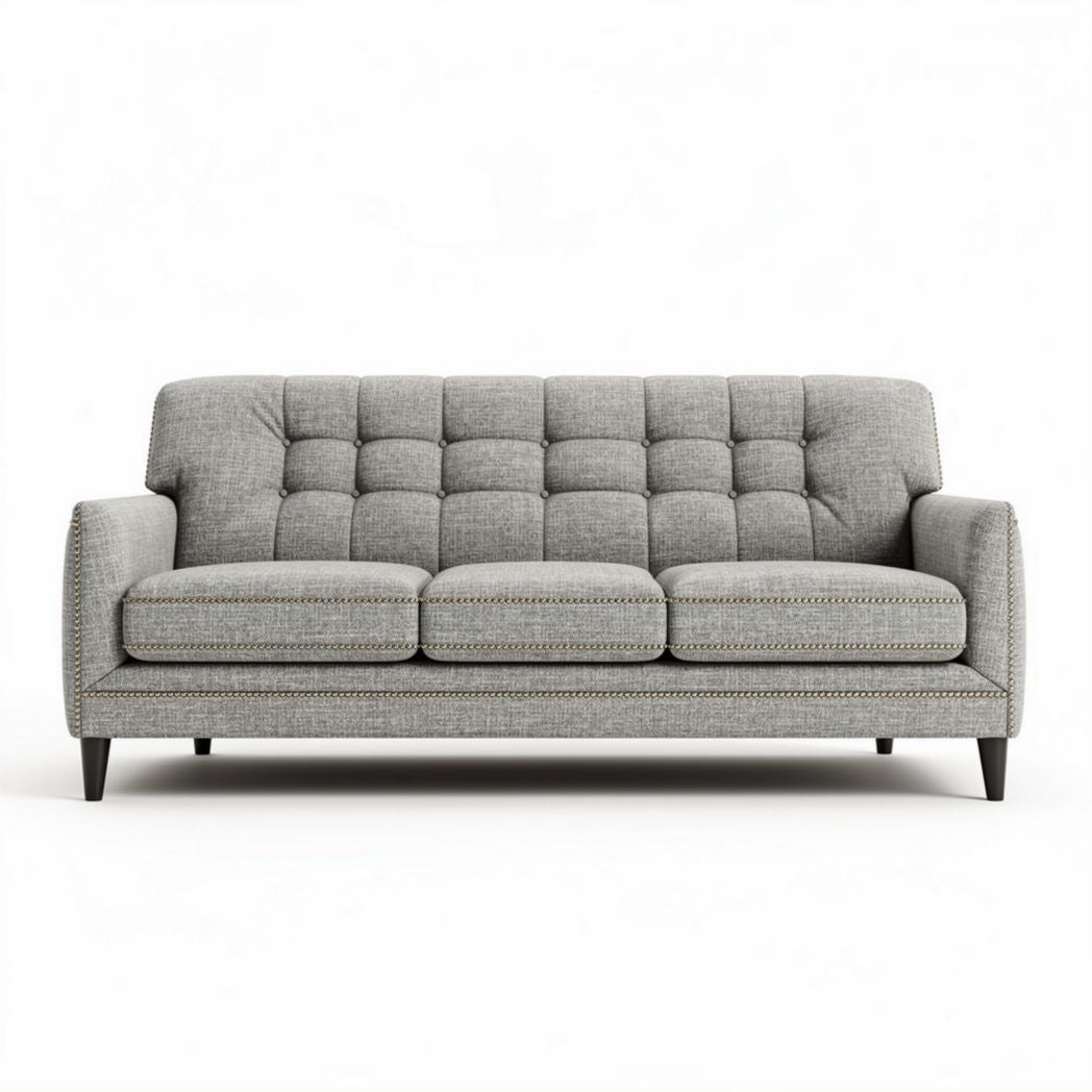 Canapé en tissu gris dimensions 200 x 90 x 85cm avec coussins matelassés