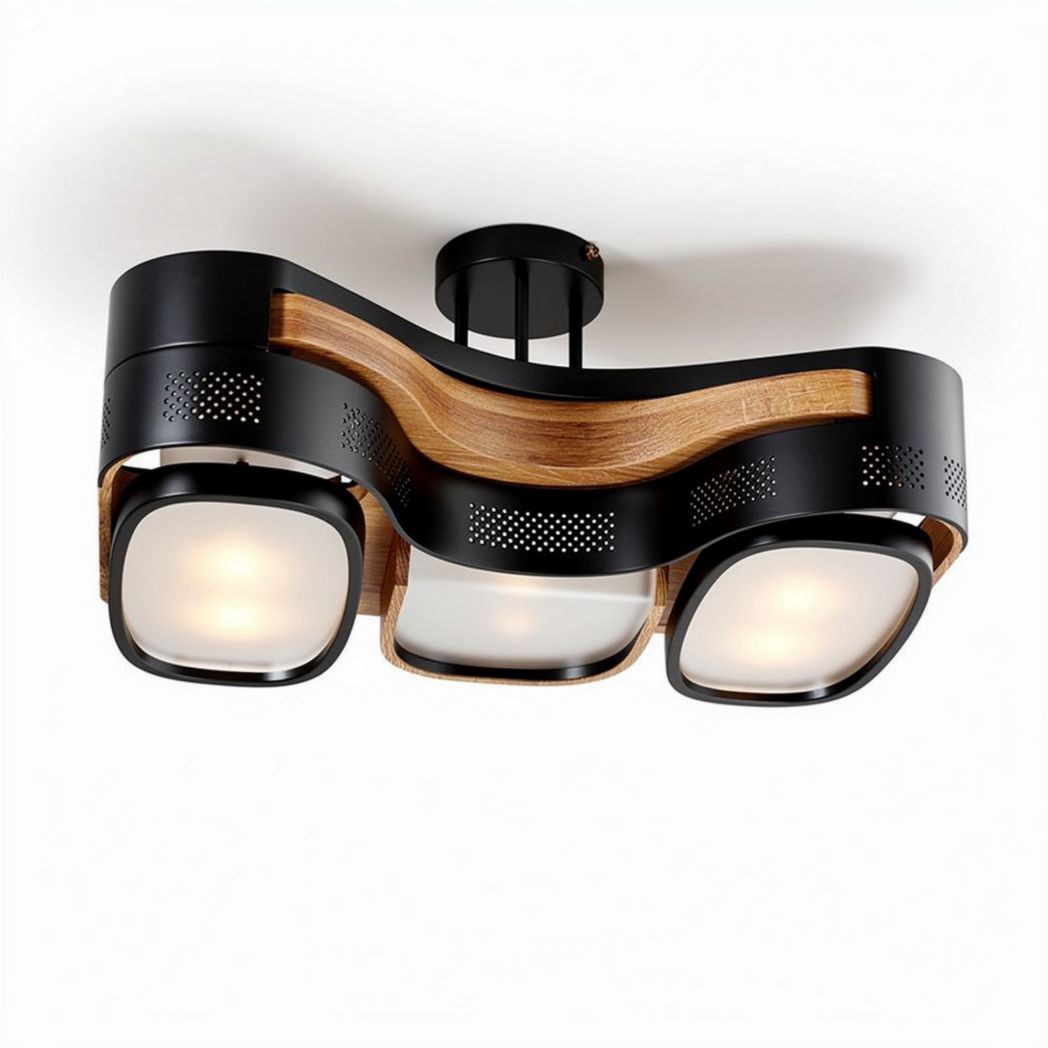 Luminaire de plafond en bois et métal noir avec trois ampoules 40 x 30 x 10cm