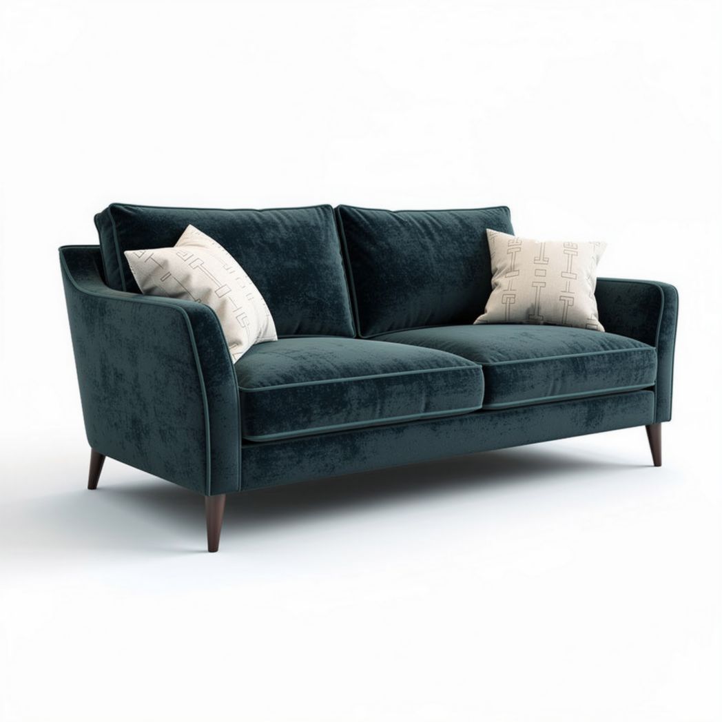 Canapé en velours vert de dimensions 200 x 90 x 85cm avec coussins décoratifs